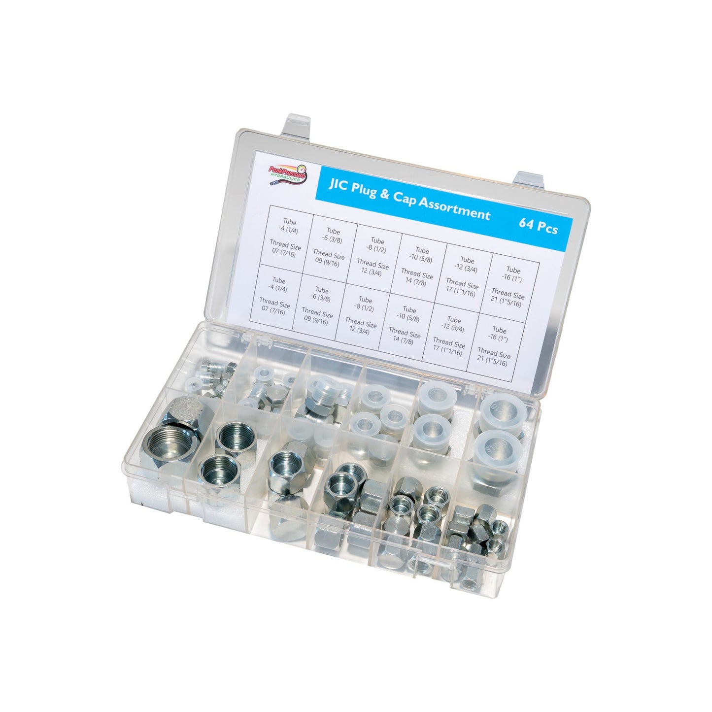 JIC 37° hydraulic cap and plug kit open case angled view